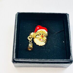 Santa Claus Gold-Tone Holiday Brooch With Bell Charm In Gift Box